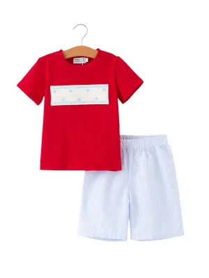 4th Of July Star Embroidery Smocking Boys Set