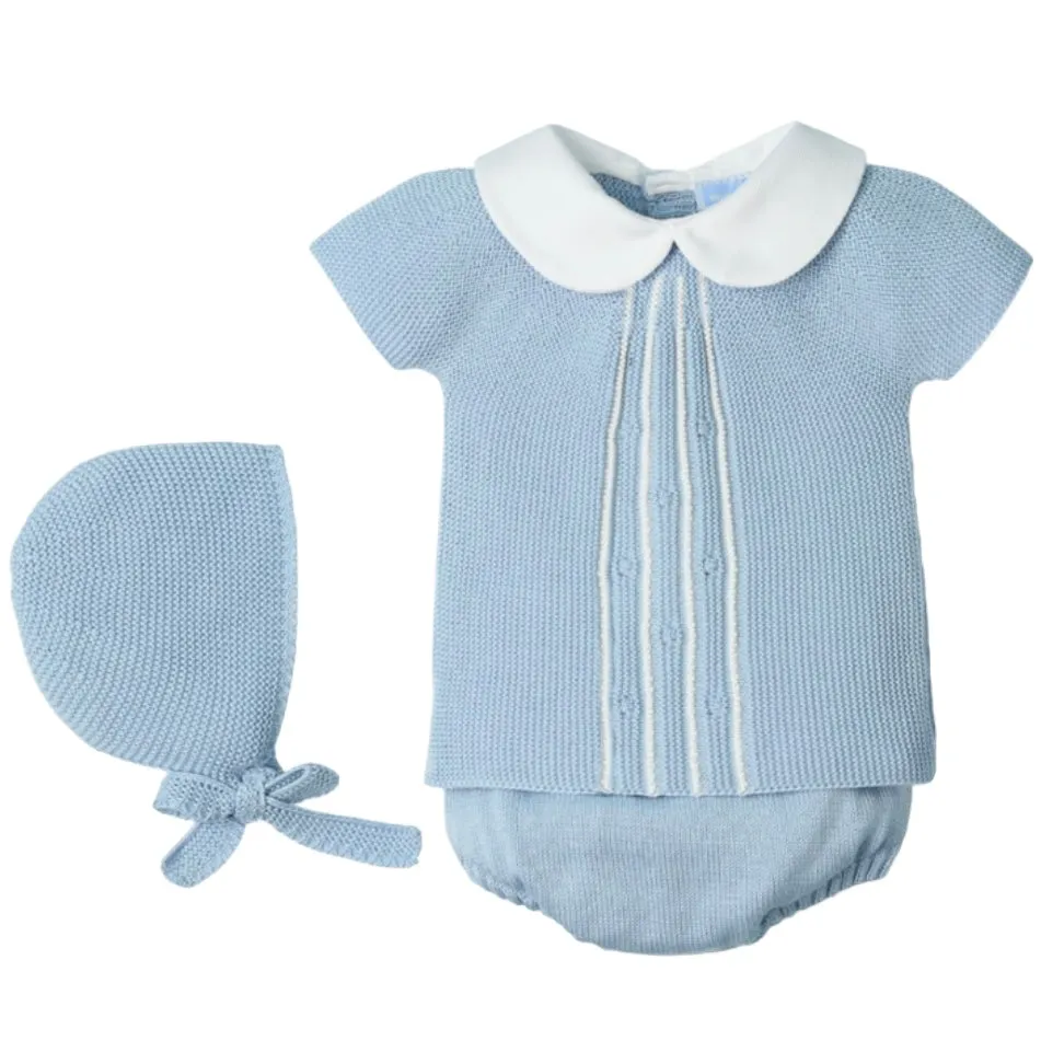 Baby Boys Blue Knitted 3 Piece Short Set