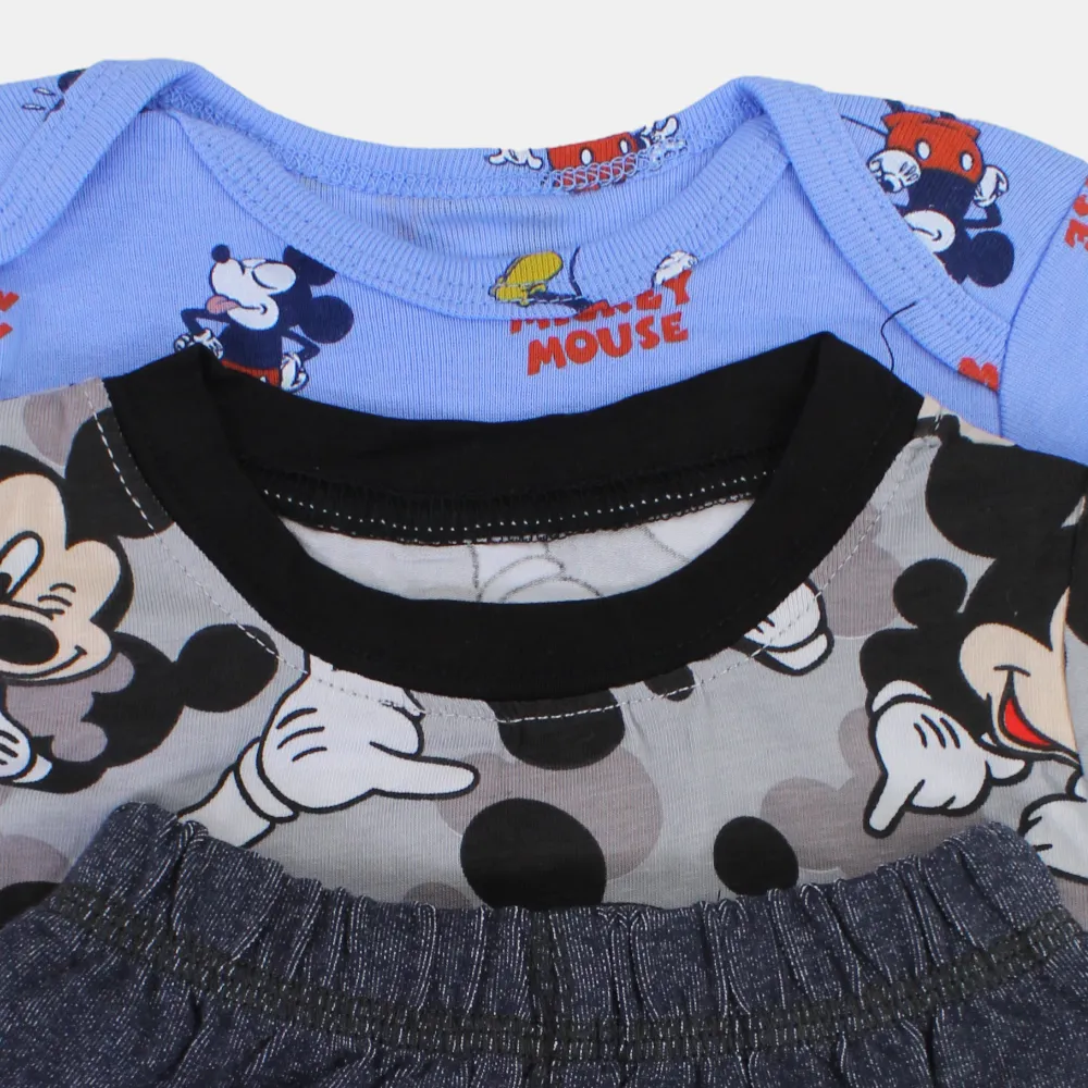 Baby Boys Cotton 3-Piece Outfit Set – Grey with Mickey Mouse Design