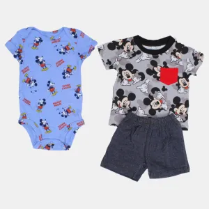 Baby Boys Cotton 3-Piece Outfit Set – Grey with Mickey Mouse Design