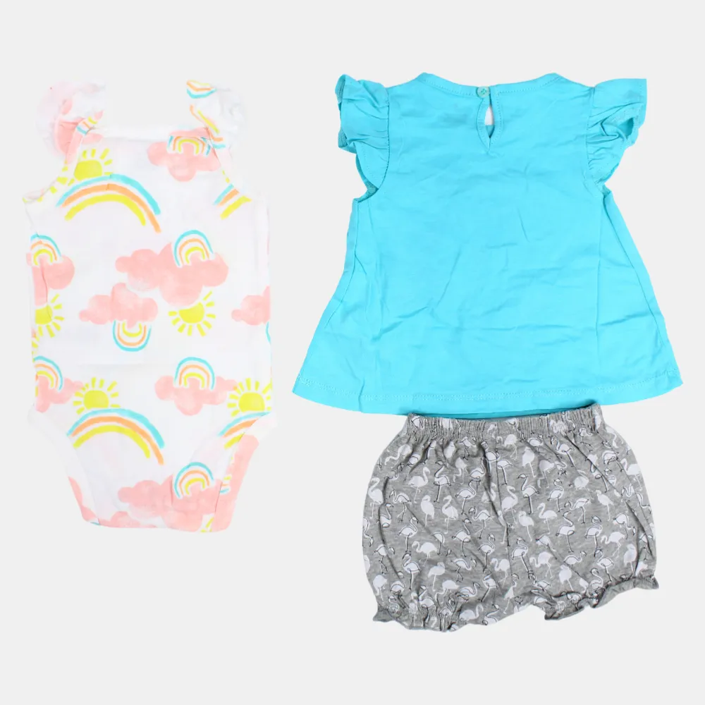 Baby Girls Aqua Flamingo-Themed 3-Piece Cotton Outfit Set