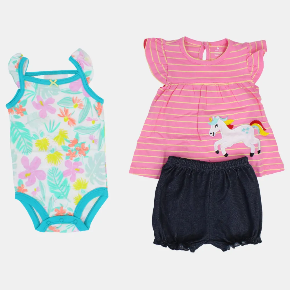 Baby Girls Cotton 3-Piece Outfit Set – Pink Striped with Unicorn Design