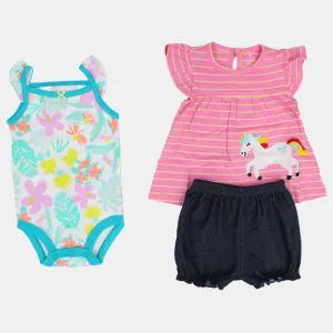 Baby Girls Cotton 3-Piece Outfit Set – Pink Striped with Unicorn Design