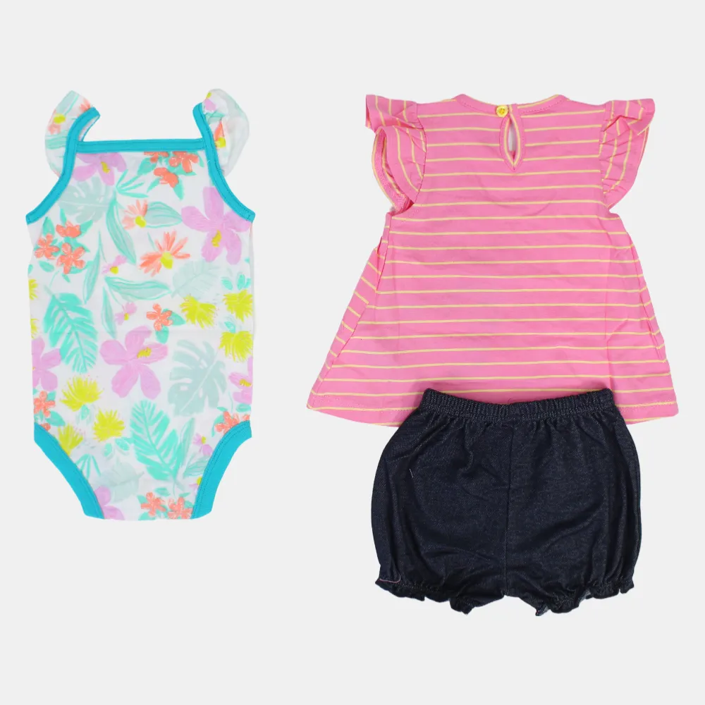 Baby Girls Cotton 3-Piece Outfit Set – Pink Striped with Unicorn Design