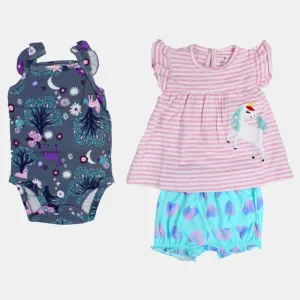 Baby Girls Cotton 3-Piece Outfit Set – Pink with Unicorn Print