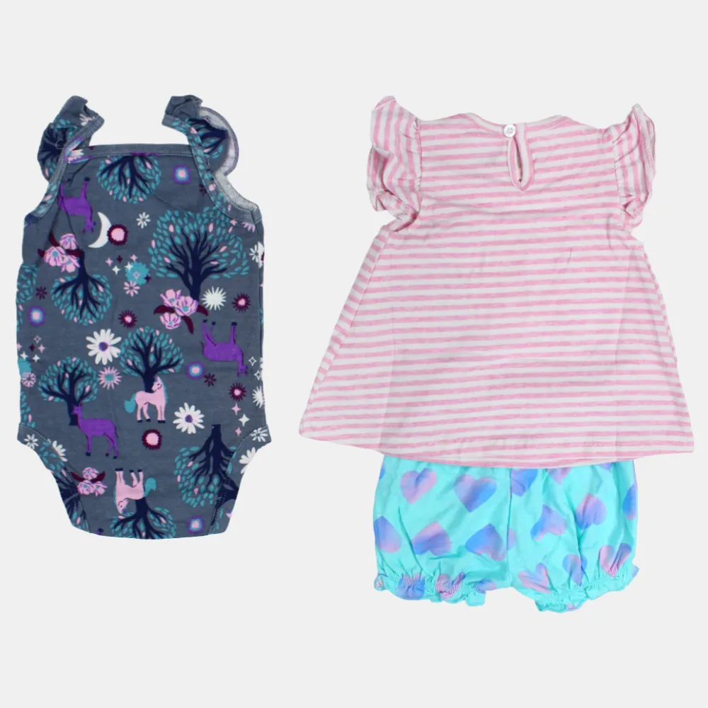 Baby Girls Cotton 3-Piece Outfit Set – Pink with Unicorn Print