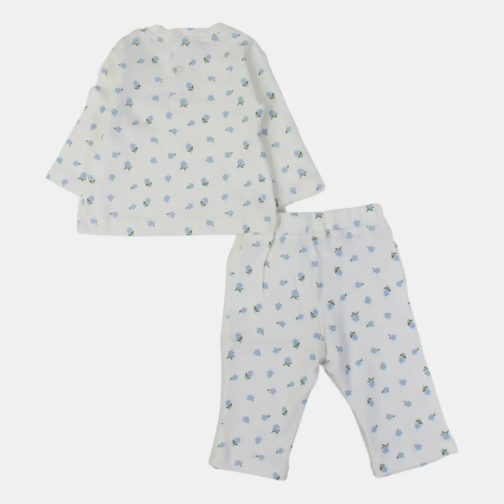 Baby Girls Cotton Outfit Set – Printed Cream Delight