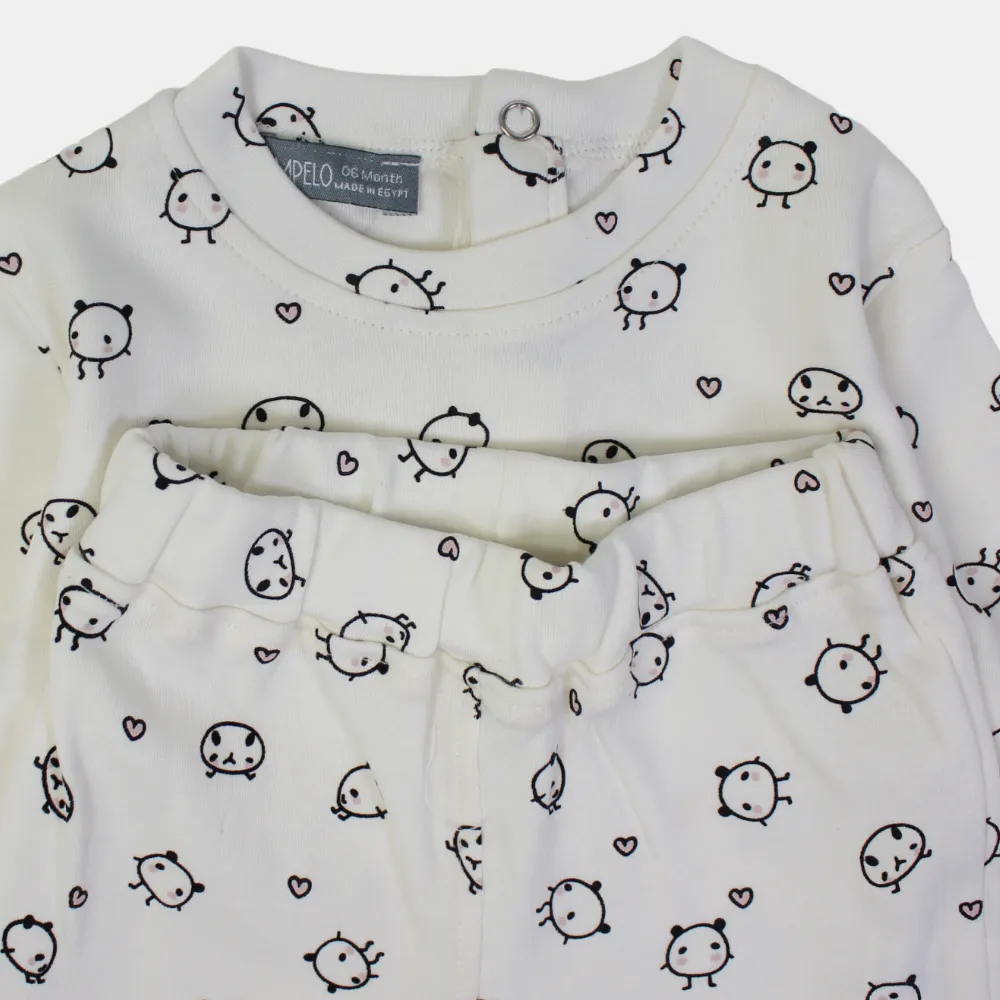 Baby Girls Cotton Outfit Set – Printed Cream Delight