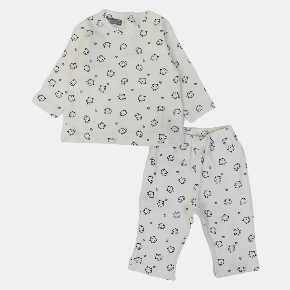 Baby Girls Cotton Outfit Set – Printed Cream Delight