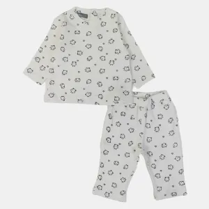 Baby Girls Cotton Outfit Set – Printed Cream Delight