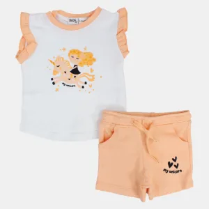 Baby Girls Cotton Pajama Set – Off-White/Salmon with "My Unicorn" Print