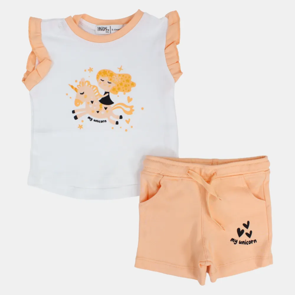 Baby Girls Cotton Pajama Set – Off-White/Salmon with "My Unicorn" Print