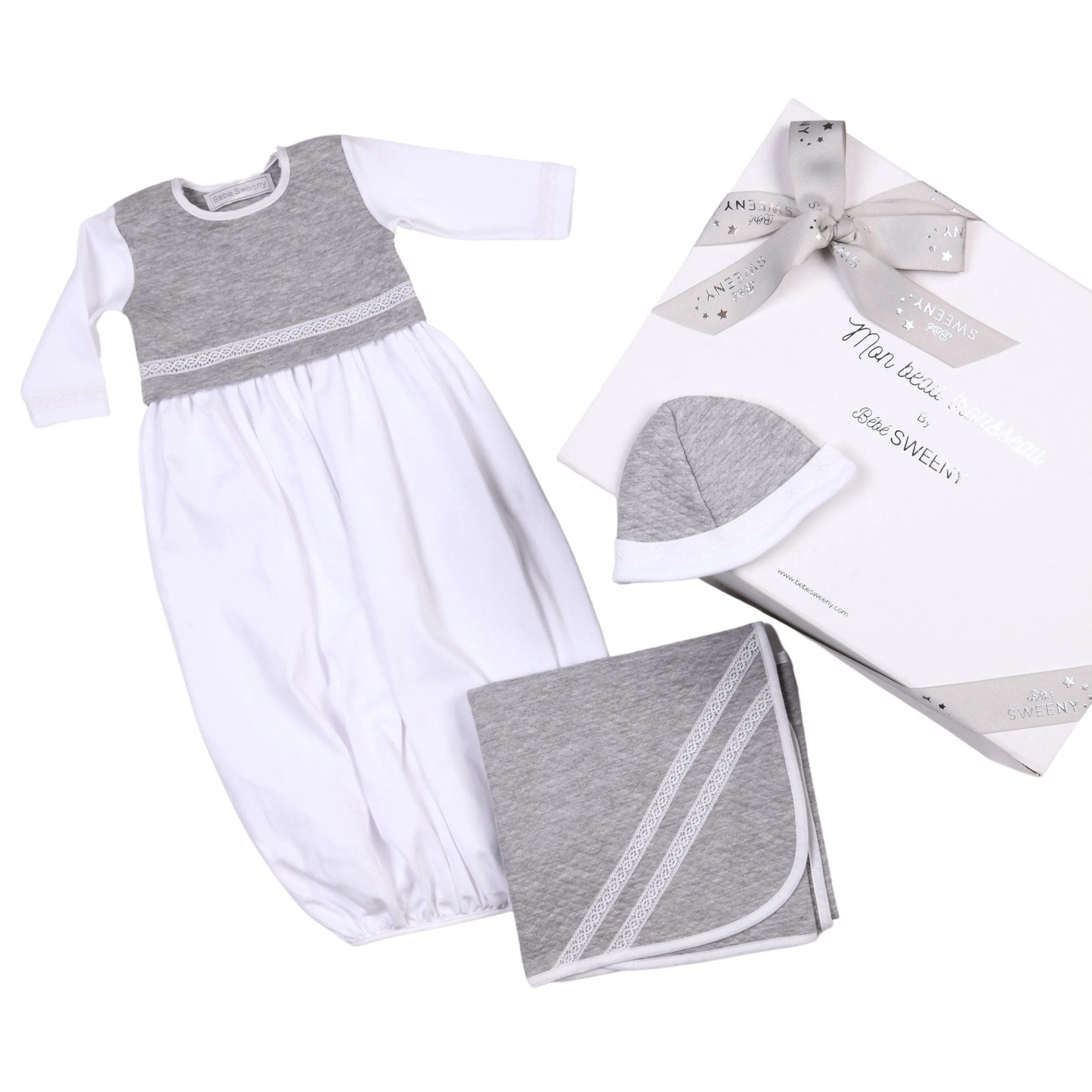 Baby White & Grey Cotton Gown Set (3) Babykids_Bebe-Sweeny