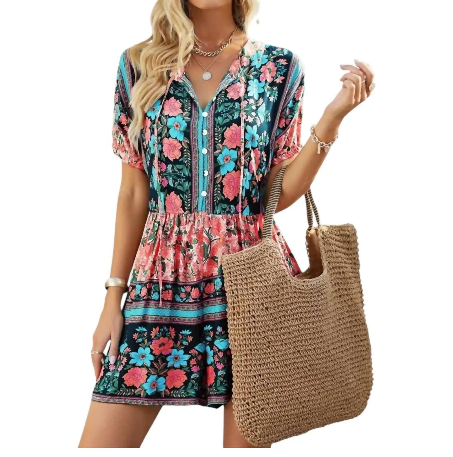 Boho Tie Floral Romper In Turquoise/peach