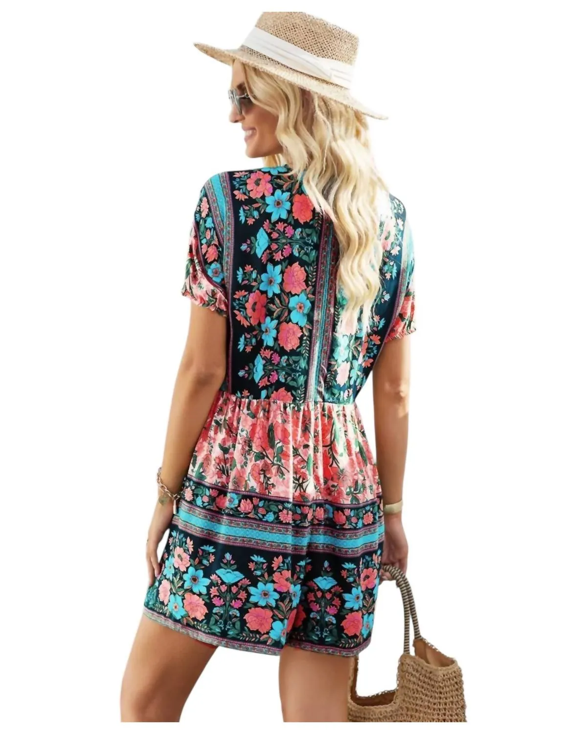 Boho Tie Floral Romper In Turquoise/peach