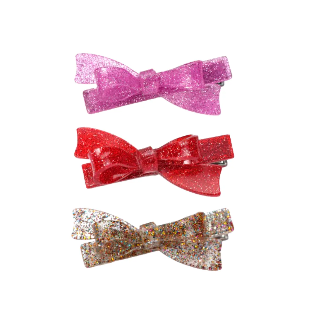 Bows Glitter Red Pink Multi Color Hair Clips - Set of 3 by Lilies & Roses NY