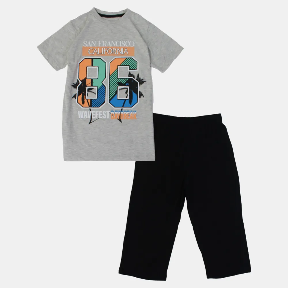 Boys Cotton Pajama Set – Grey with Fun Print