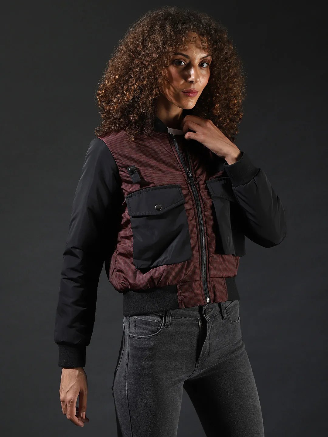 Campus Sutra Women Checks Stylish Casual Bomber Jacket