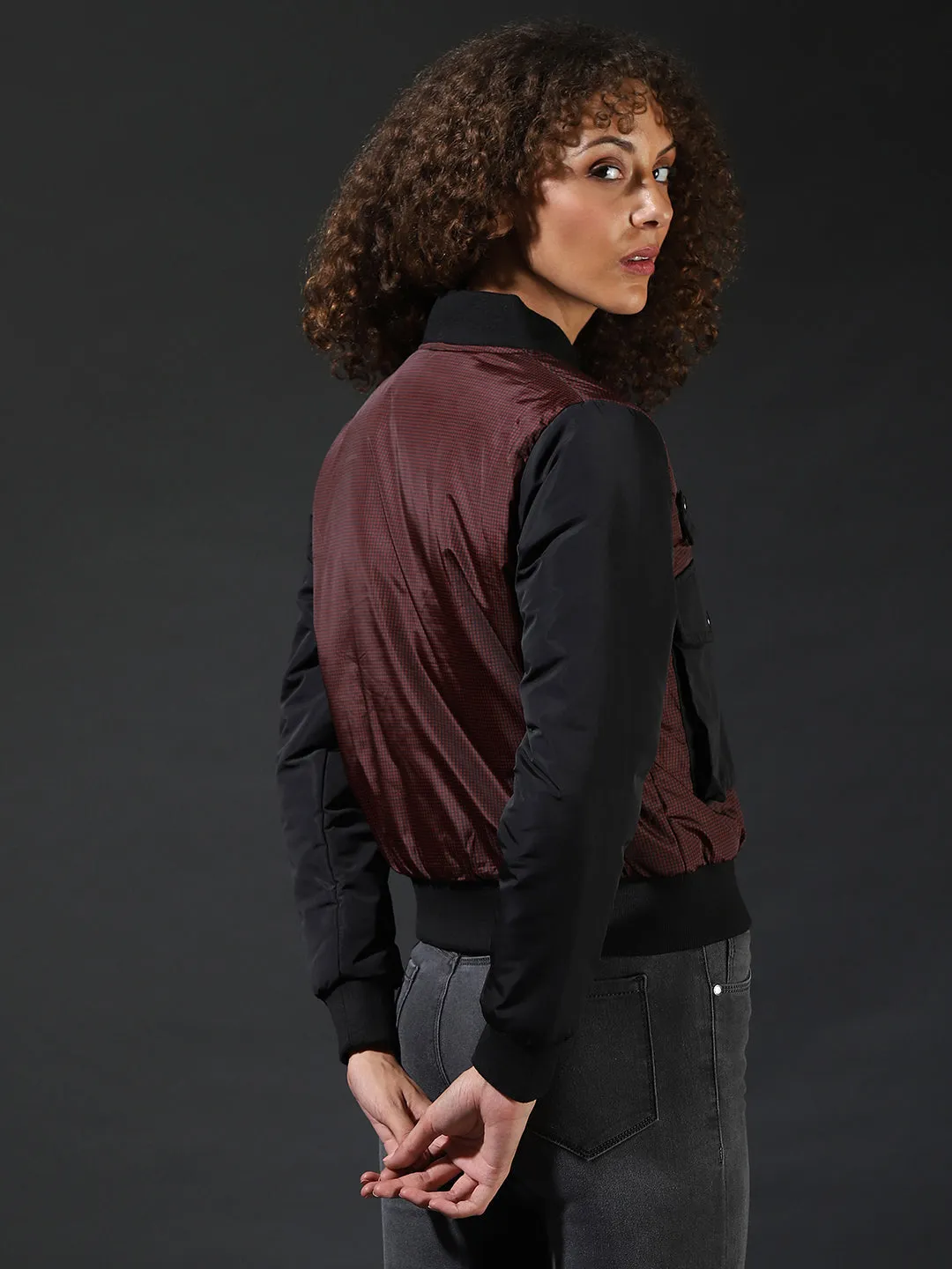 Campus Sutra Women Checks Stylish Casual Bomber Jacket