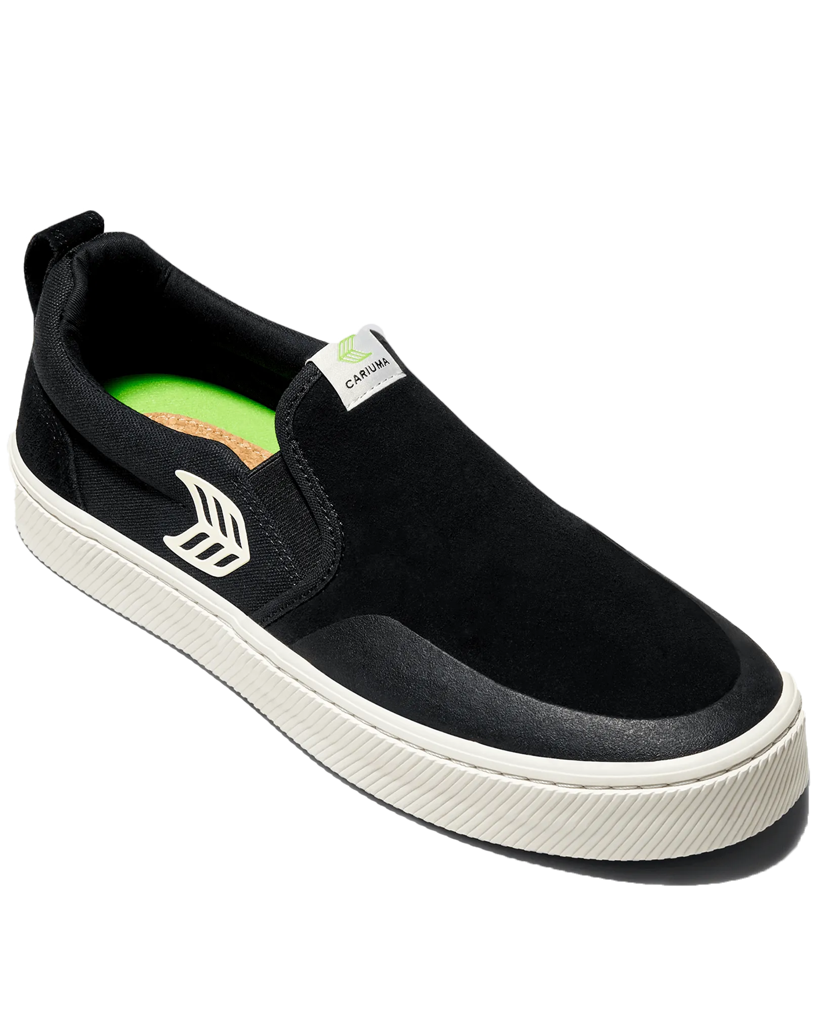 Cariuma Shoes Slip On Skate Pro Shoes in Black Suede & Ivory Logo
