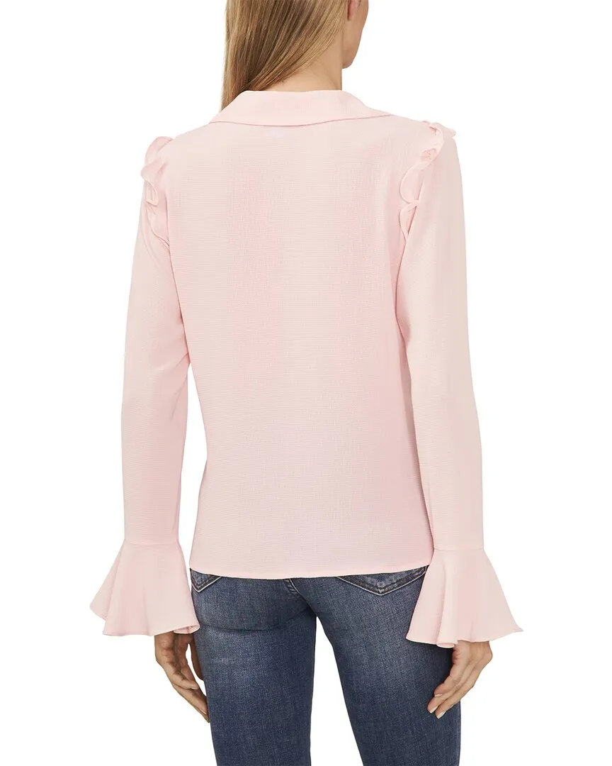CeCe V-Neck Collared Ruffled Bow Top