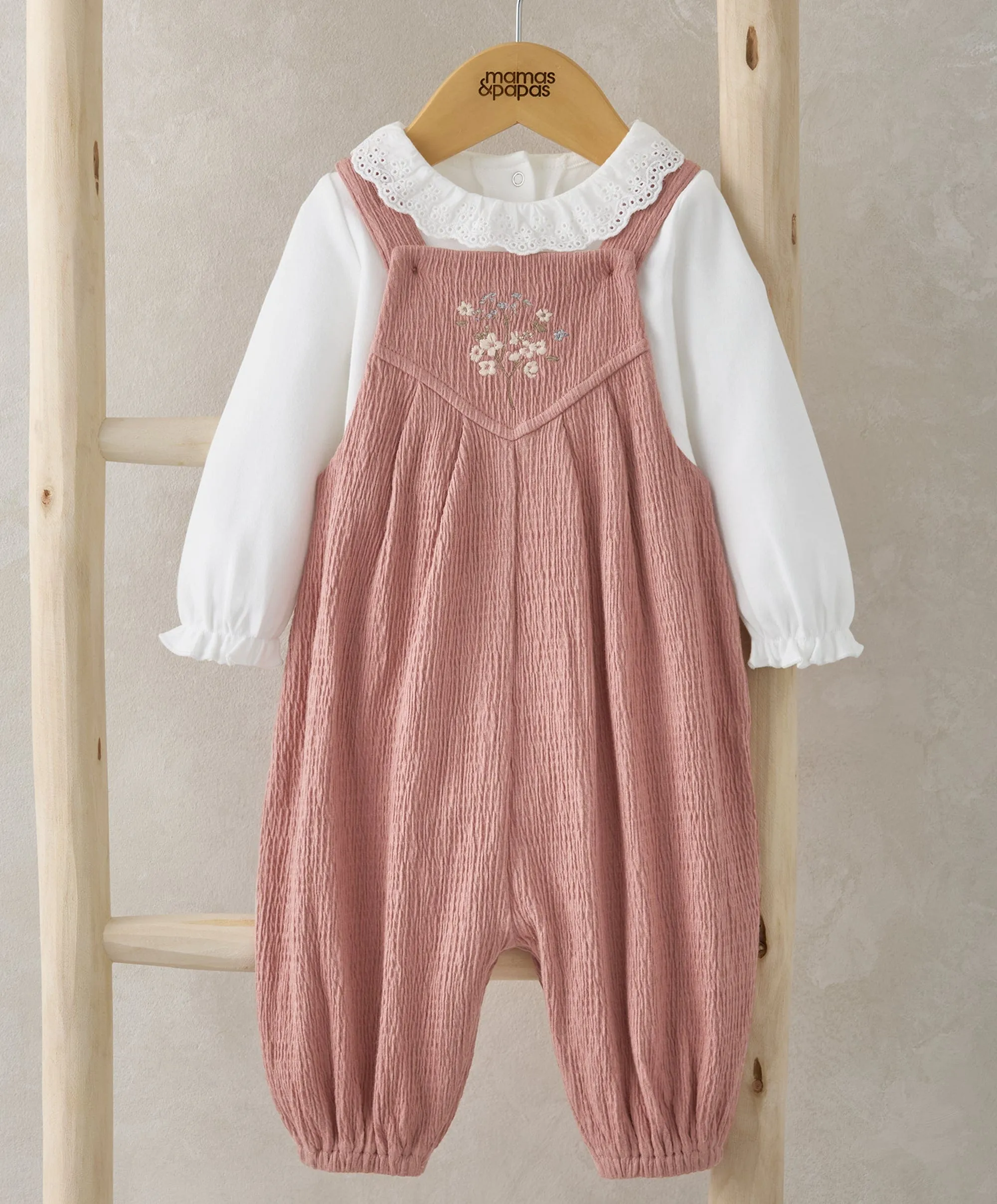 Crinkle Dungarees & Bodysuit Outfit Set - Pink
