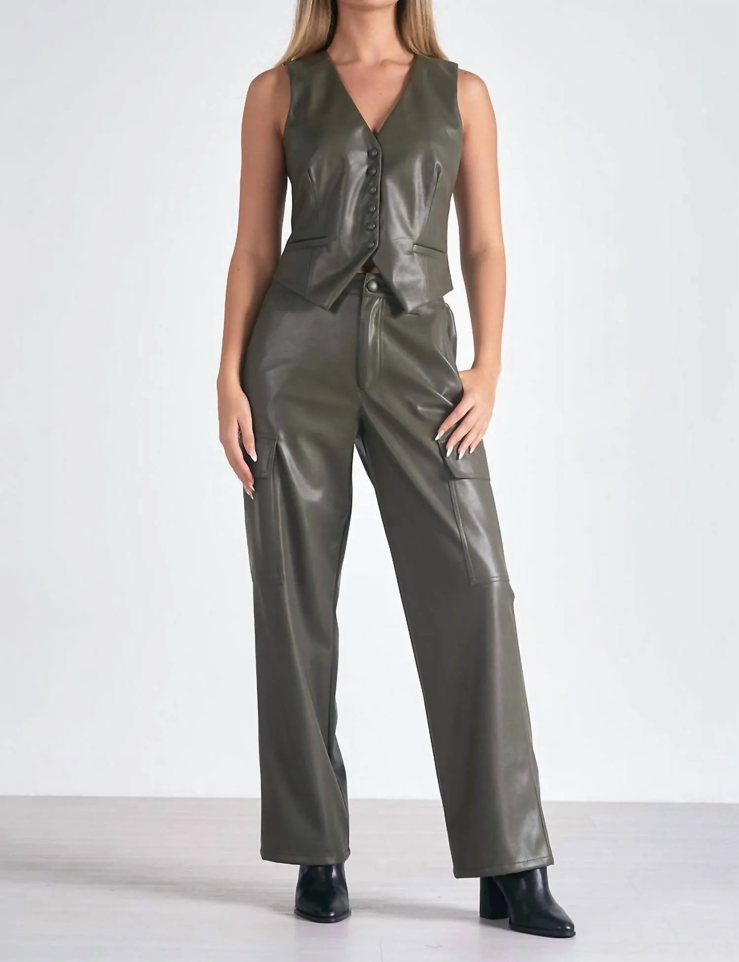 Faux Leather Vest In Olive
