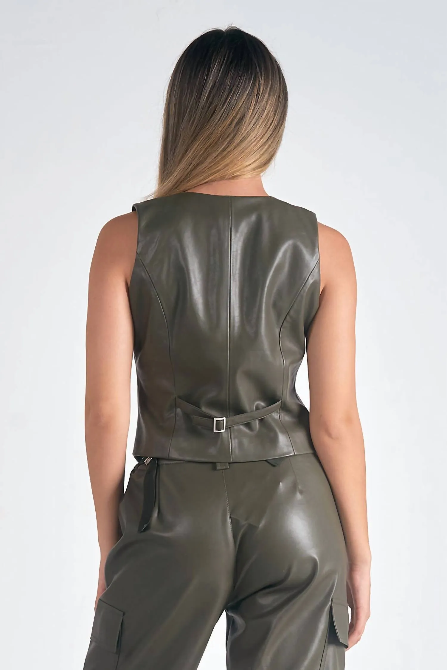 Faux Leather Vest In Olive