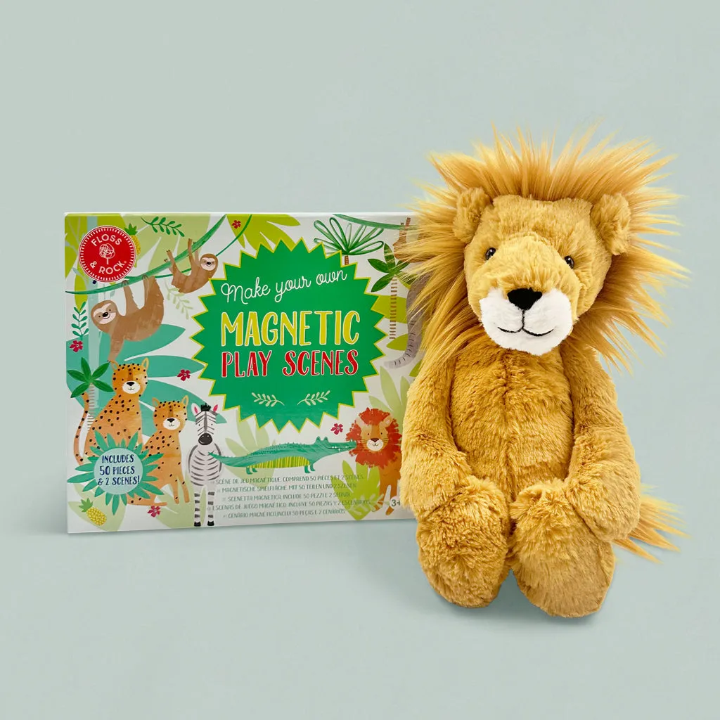 Floss & Rock Magnetic Play Scenes, Jungle with Jellycat Bashful Lion Gift Set