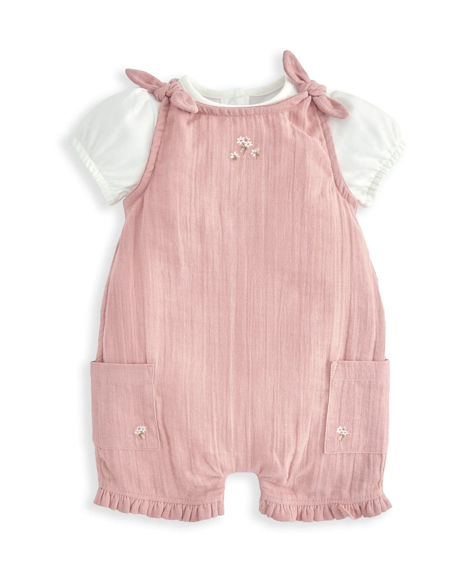 Frill Cuff Bodysuit & Embroidered Romper Set (2 Pieces)
