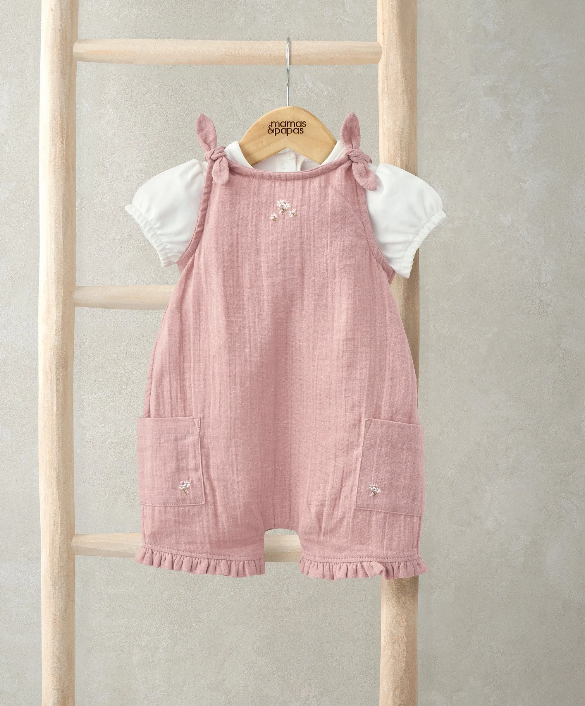 Frill Cuff Bodysuit & Embroidered Romper Set (2 Pieces)