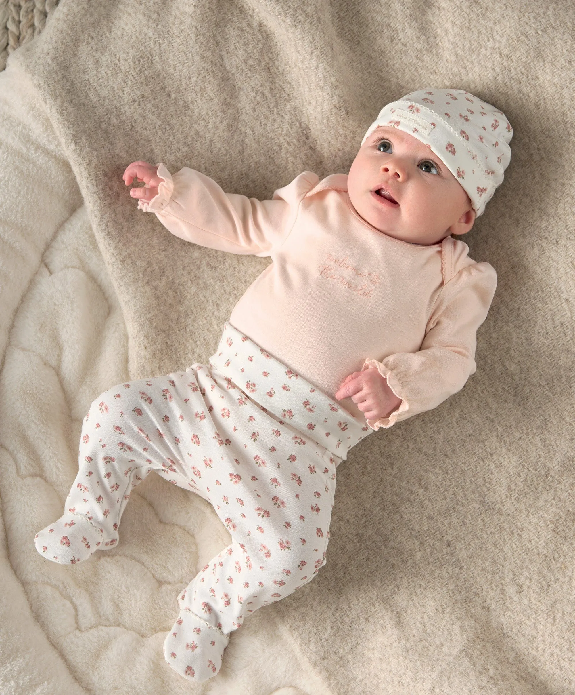 Frill Cuff Bodysuit, Leggings & Hat Set (3 Pieces) - Ditsy Rose Print Babykids Mamas & Papas