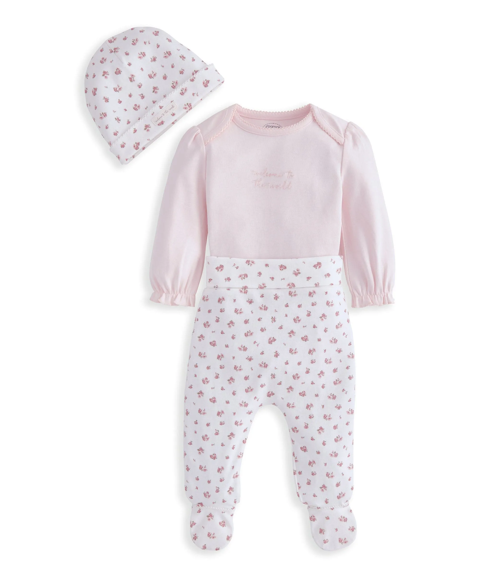 Frill Cuff Bodysuit, Leggings & Hat Set (3 Pieces) - Ditsy Rose Print Babykids Mamas & Papas