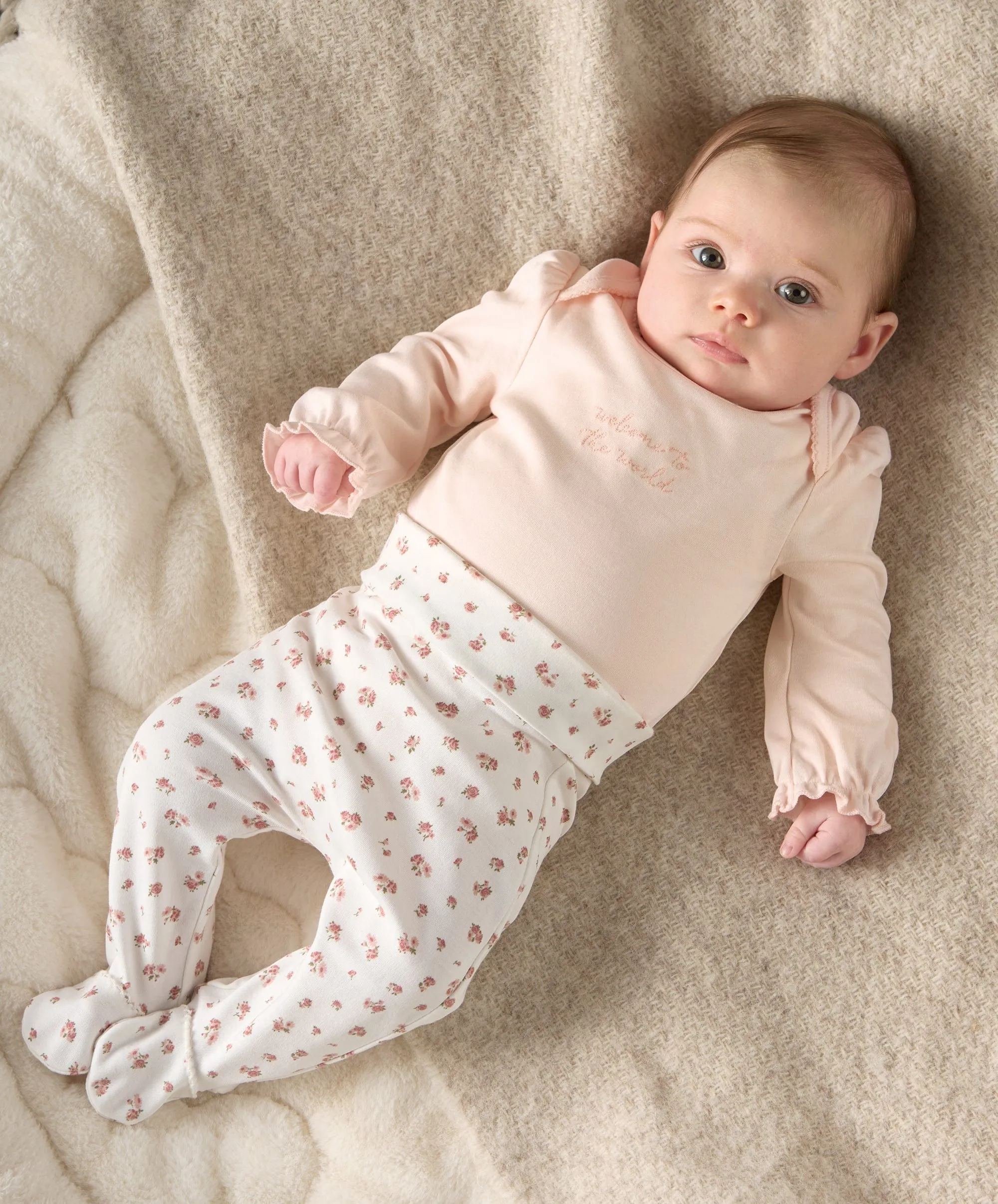 Frill Cuff Bodysuit, Leggings & Hat Set (3 Pieces) - Ditsy Rose Print Babykids Mamas & Papas