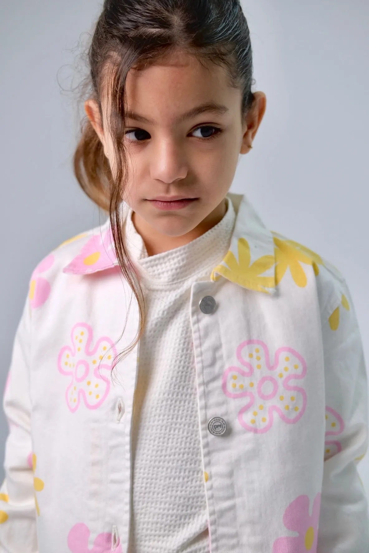 Girls Printed Gabardine Jacket – Offwhite with Flowers