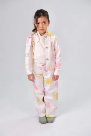 Girls Printed Gabardine Jacket – Offwhite with Flowers