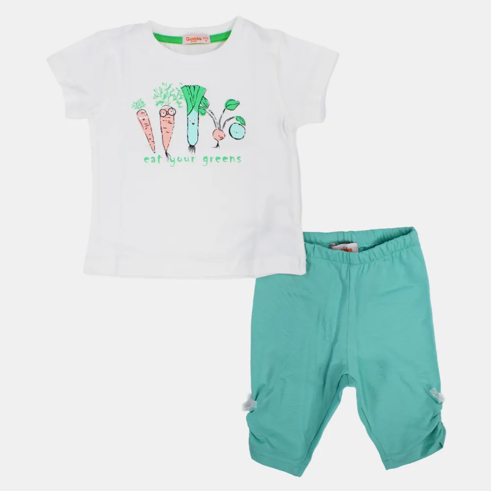 Girls Short-Sleeved Cotton 2-Piece Outfit Set with "Eat Your Greens" Print