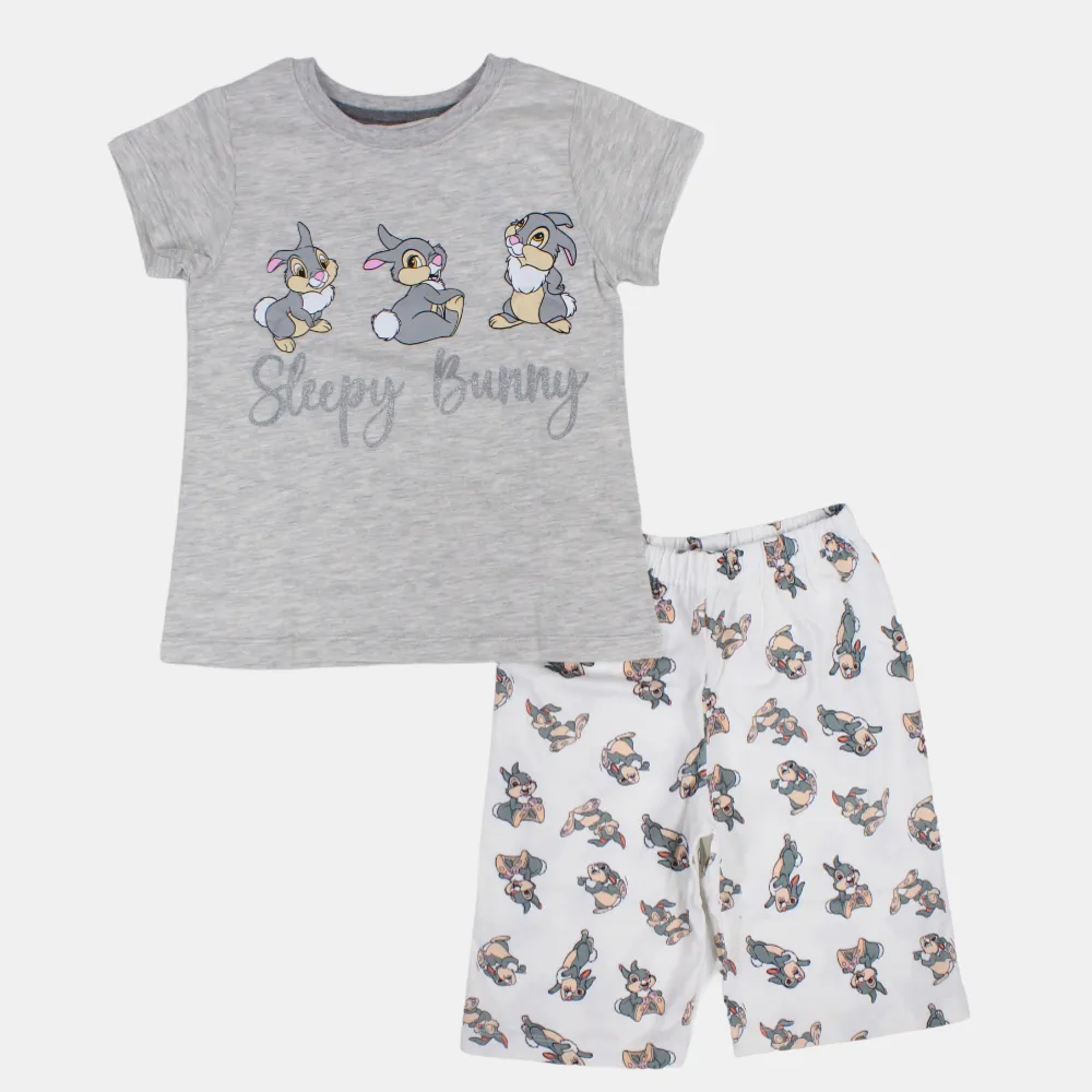 Girls Short-Sleeved Cotton Pajama Set - Sleepy Bunny Design