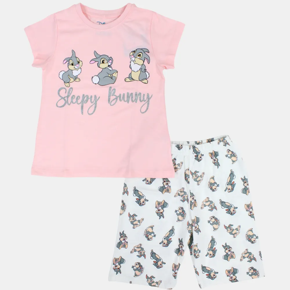 Girls Short-Sleeved Cotton Pajama Set - Sleepy Bunny Design
