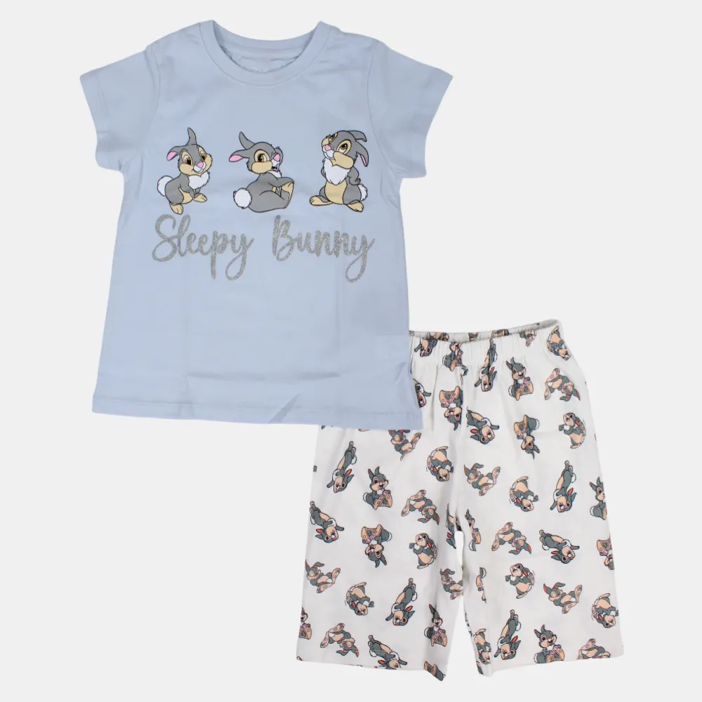 Girls Short-Sleeved Cotton Pajama Set - Sleepy Bunny Design