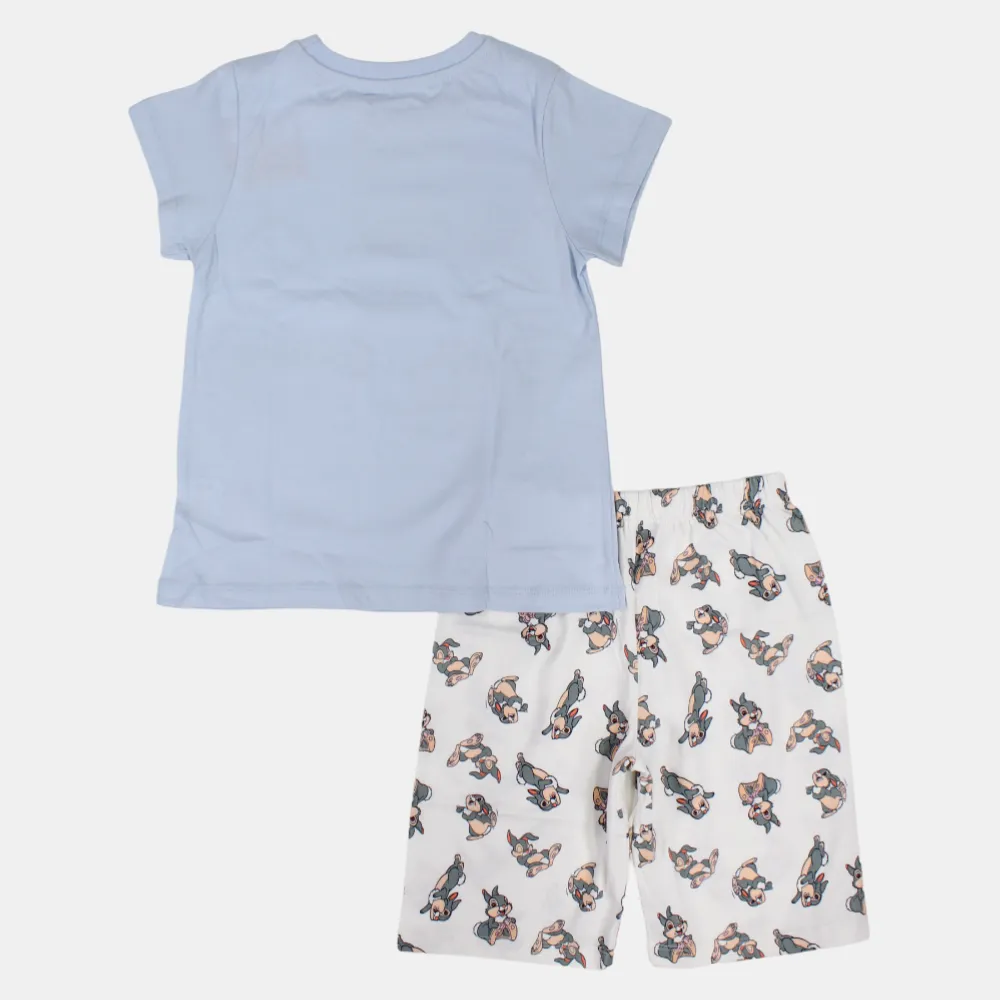 Girls Short-Sleeved Cotton Pajama Set - Sleepy Bunny Design