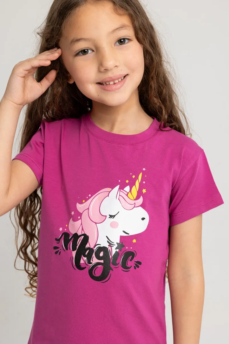 Girls Sleeveless Pajama Set – Fuchsia with Unicorn Print