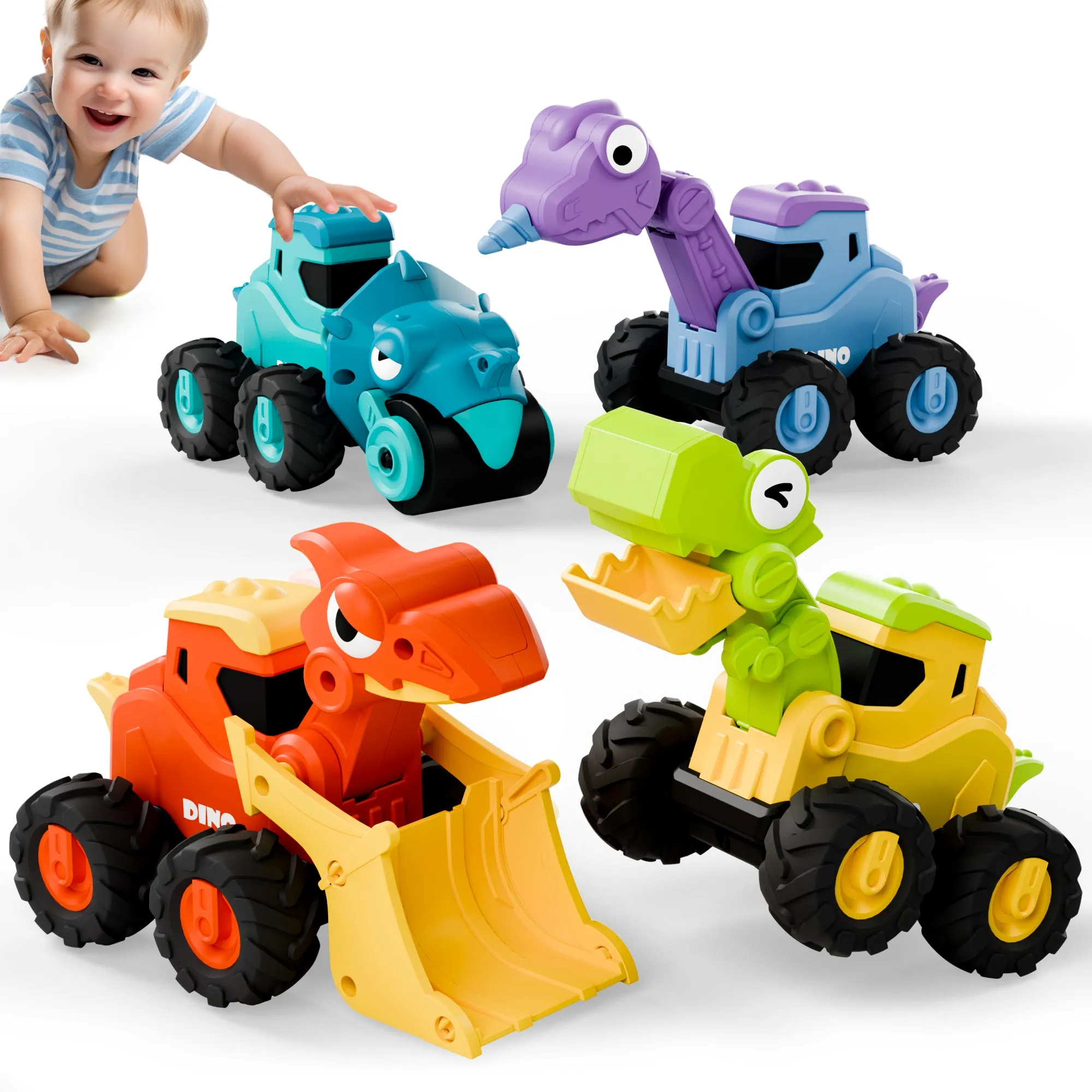 iPlay, iLearn Dinosaur Truck Toys for Toddlers, Boys Dino Press Go Racing Cars, Kids Construction Sandbox Vehicles Playset, Baby Push Go Friction Car Set, Birthday Gift for 18 Months 2 3 4 5 Years Old