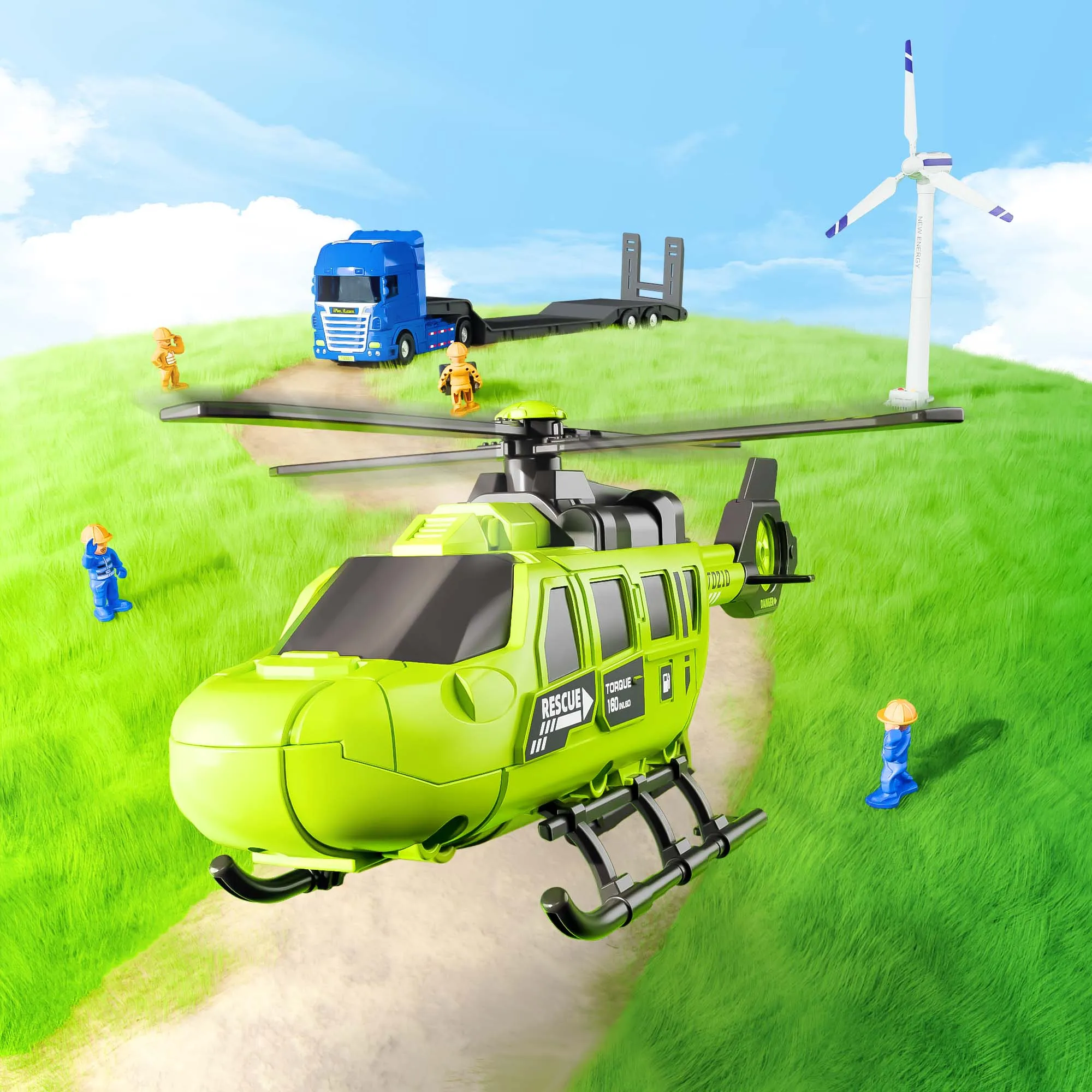 Kids Construction Toys, Toddler Play Vehicle Set W/Trailer Truck, Helicoptor, Wind up Windmill, STEM Engineer Learning Educational Cool Toy