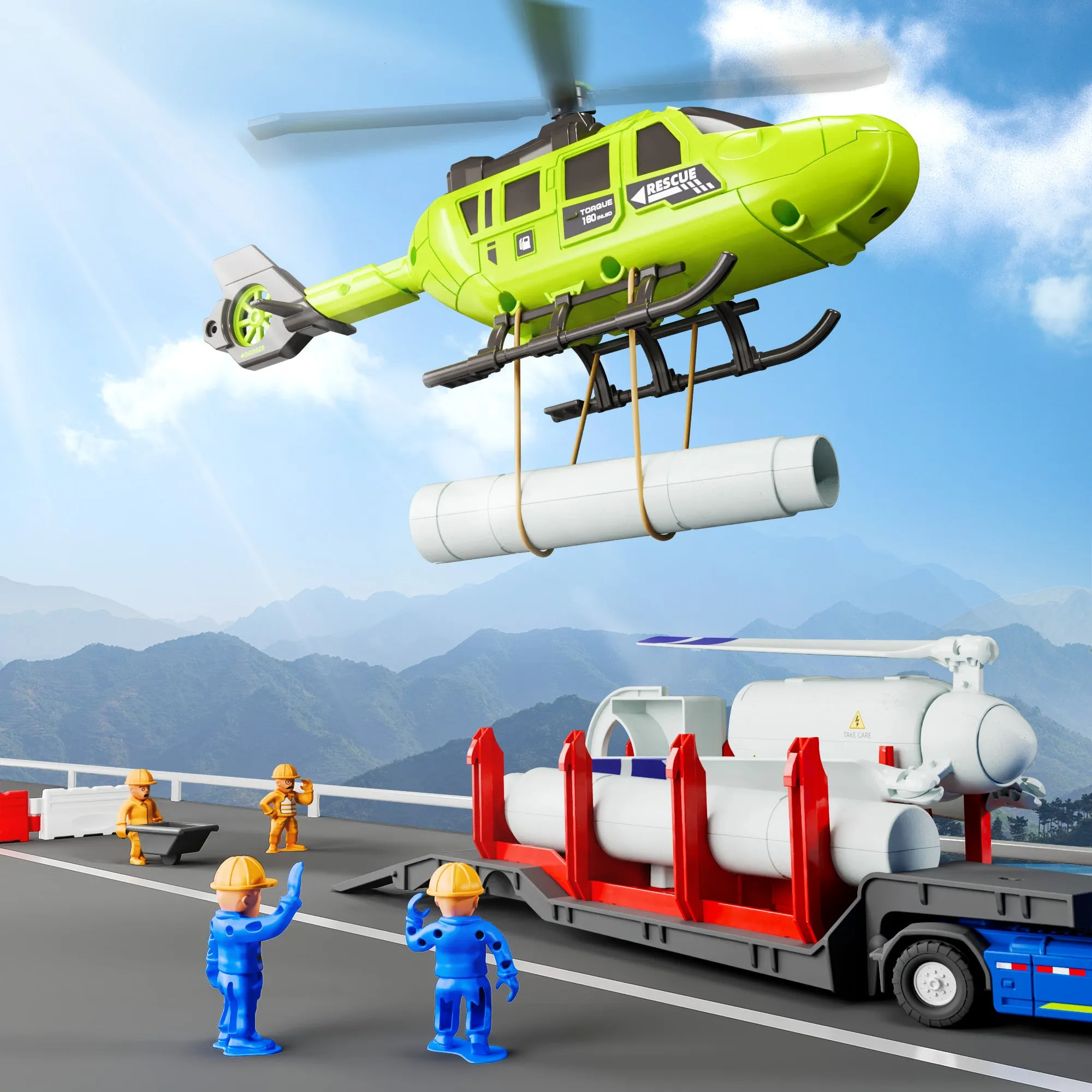 Kids Construction Toys, Toddler Play Vehicle Set W/Trailer Truck, Helicoptor, Wind up Windmill, STEM Engineer Learning Educational Cool Toy