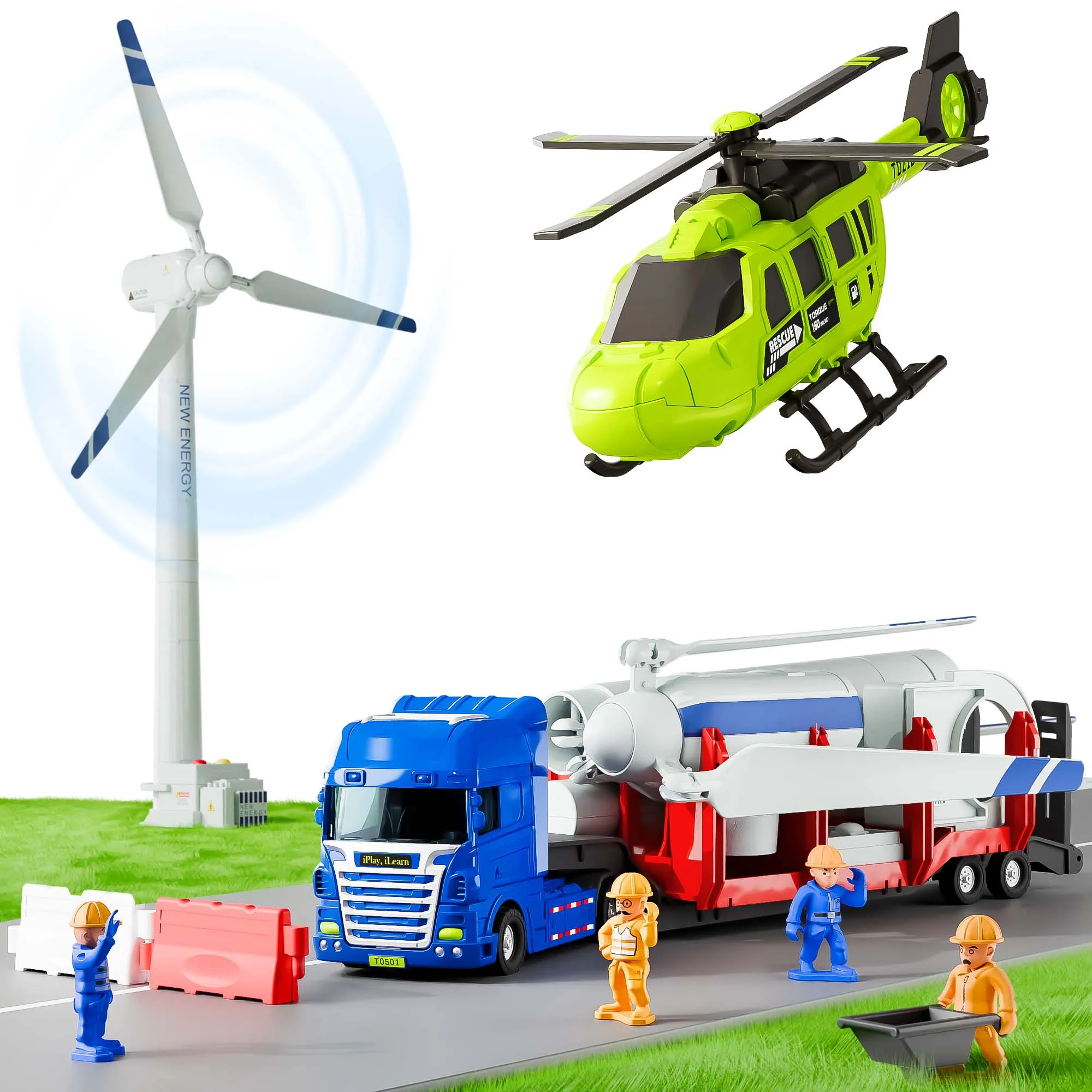 Kids Construction Toys, Toddler Play Vehicle Set W/Trailer Truck, Helicoptor, Wind up Windmill, STEM Engineer Learning Educational Cool Toy