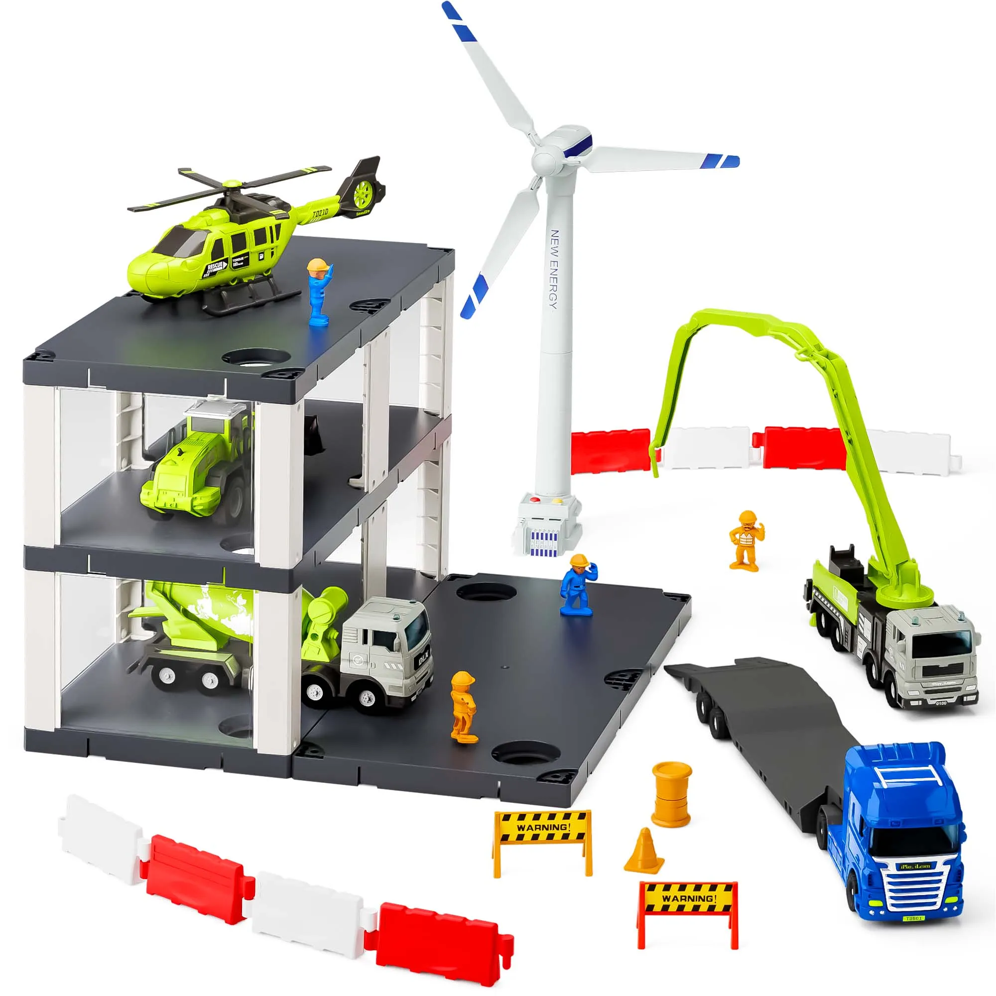 Kids Construction Toys, Toddler Play Vehicle Set W/Trailer Truck, Helicoptor, Wind up Windmill, STEM Engineer Learning Educational Cool Toy