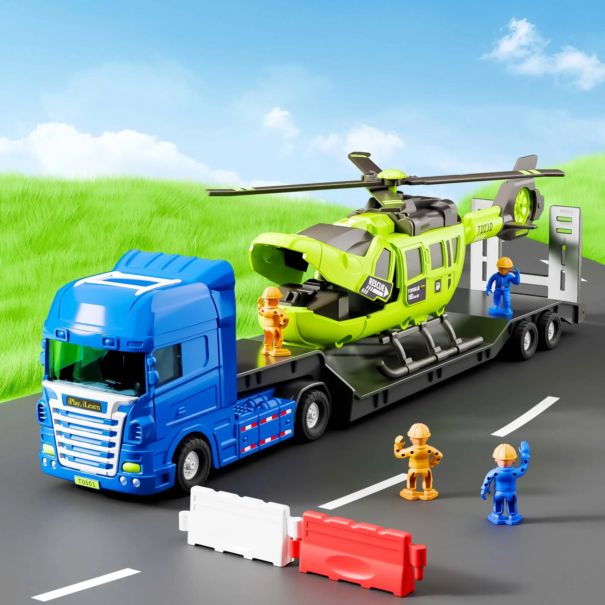 Kids Construction Toys, Toddler Play Vehicle Set W/Trailer Truck, Helicoptor, Wind up Windmill, STEM Engineer Learning Educational Cool Toy