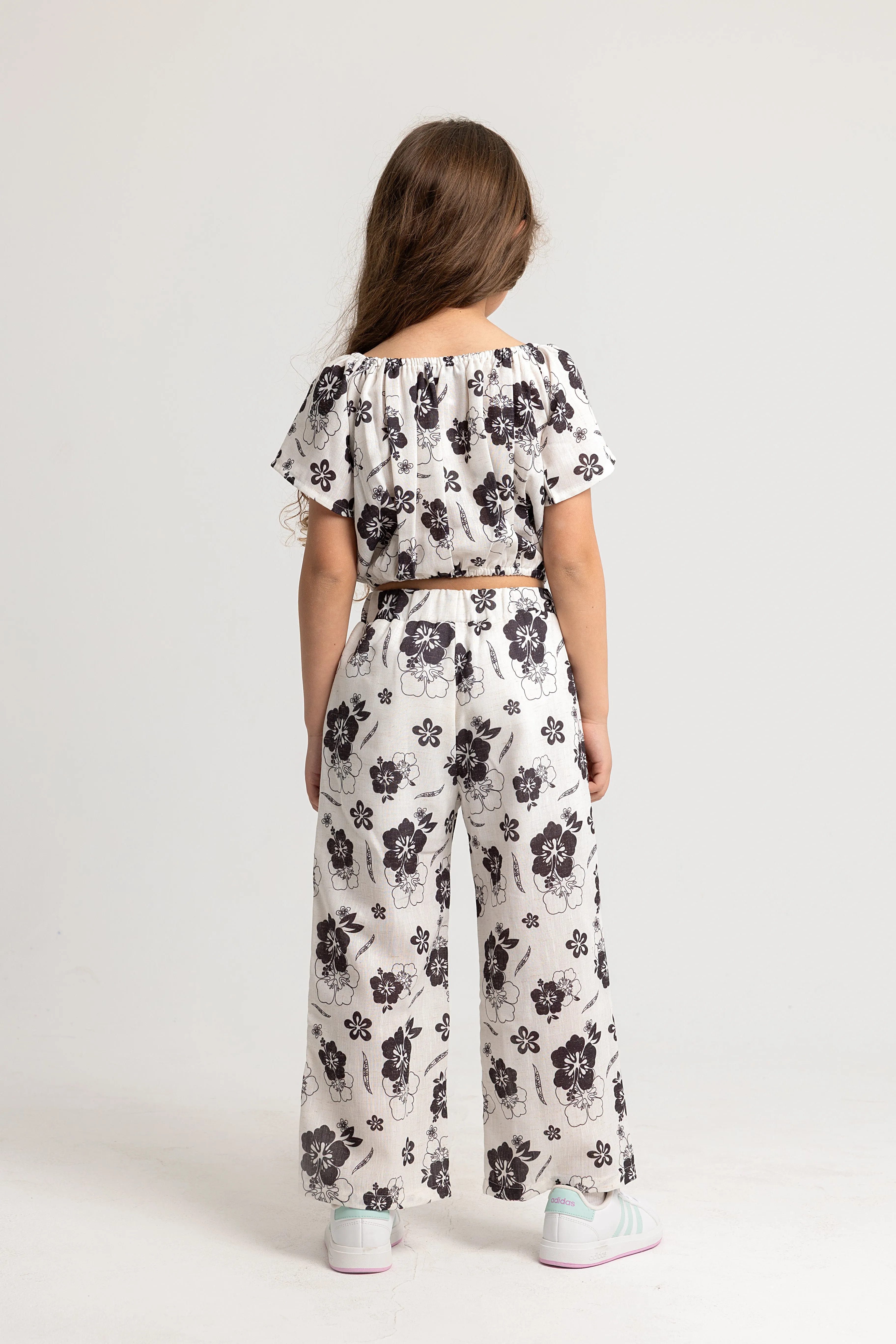 Kids Girls Polyester Outfit Set – Floral Print, 2-Piece Short Sleeve