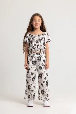 Kids Girls Polyester Outfit Set – Floral Print, 2-Piece Short Sleeve